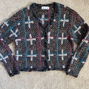 Vintage 90s Multicolor Artsy Braided Patchwork Mixed Media Cardigan L Grandpa